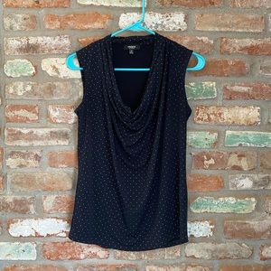 Navy Blue Drape Neck Blouse with Gold Dots